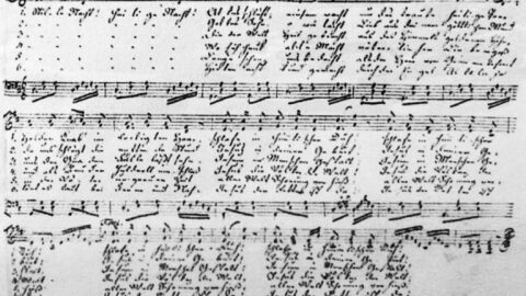 Stille Nacht, autograph (ca. 1860) by Franz Xaver Gruber (1787–1863). (Photograph by de:Benutzer:Mezzofortist, via Wikimedia Commons)