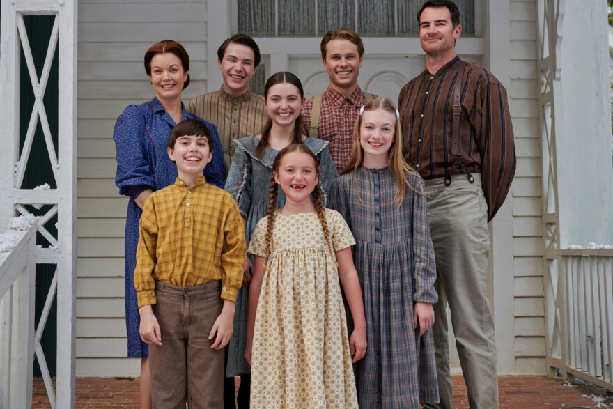 The cast of CW’s The Waltons’ Homecoming (from left) Bellamy Young, Christian Finlayson, Logan Shroyer, Ben Lawson, Samuel Goergon, Marcelle LeBlanc, Tatum Sue Matthews and Callaway Corrick.