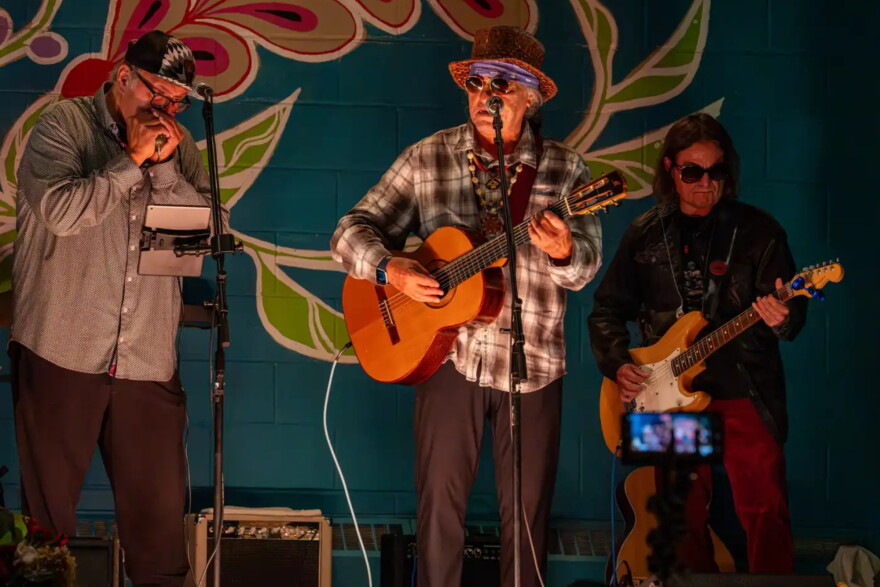 Gary Farmer, Keith Secola and Jamie Yellowbird perform at American Indian Community Housing Organization in Duluth on Sept 4. | MPR News