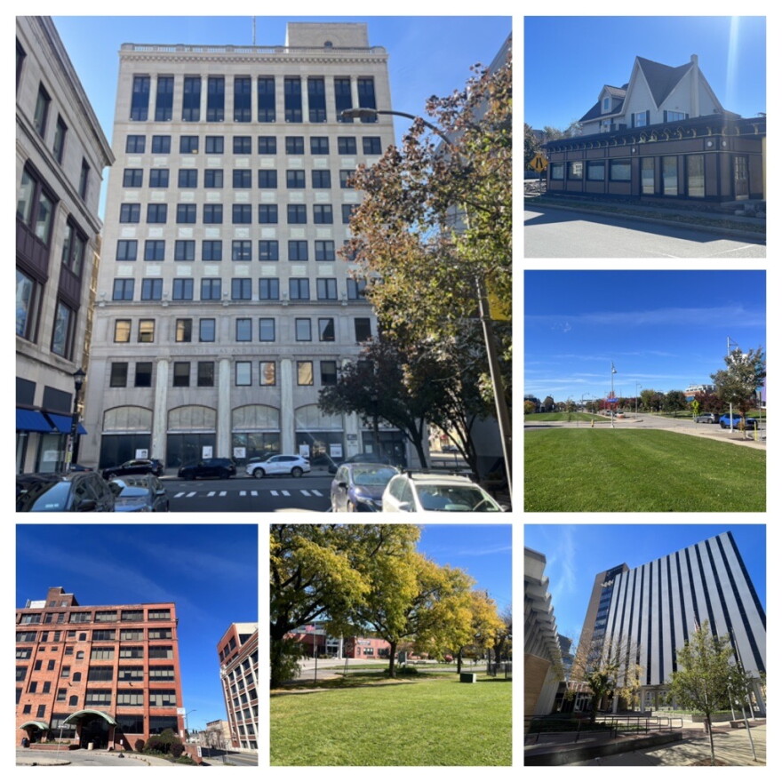 Among the sites being eyed for new rental housing downtown are (clockwise from top left) the former RG&E building, the corner of University and North Union, a vacant lot on Howell Street, the building at the corner of East Main and East Avenue, a vacant lot at South Union and Broadway, and the soon-to-be-vacant 691 St. Paul St.