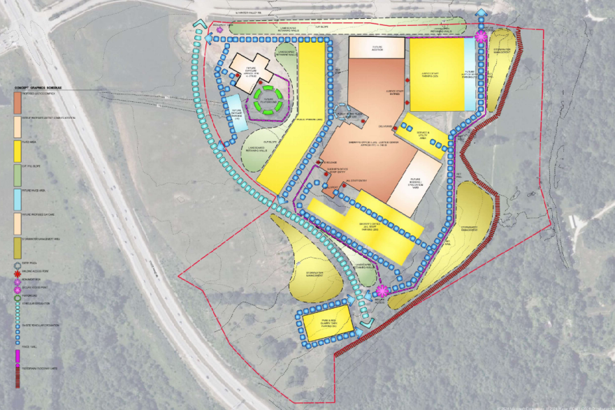 The proposed justice facility design includes the jail, new roads and a daycare facility. The map is a part of a plan presented to the Monroe County Commissioners and Monroe County Council.