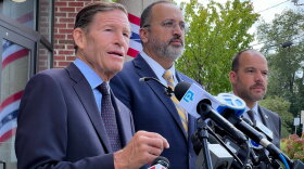 (L-R) U.S. Sen. Richard Blumenthal, Danbury Mayor Roberto Alves, and Danbury state Rep. Farley Santos held a press conference outside Danbury City Hall regarding recent federal immigration enforcement in the city on August 31, 2026.