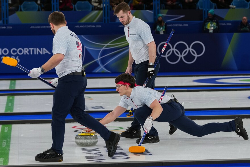 FILE - United States' Aidan Oldenburg, Ben Richardson, and Luc Violette in action during the men's curling round robin session against Norway, at the 2026 Winter Olympics, in Cortina d'Ampezzo, Italy, Sunday, Feb. 15, 2026.