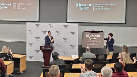 Mo State President Biff Williams helps announce the newly named Pendleton Family School of Accountancy