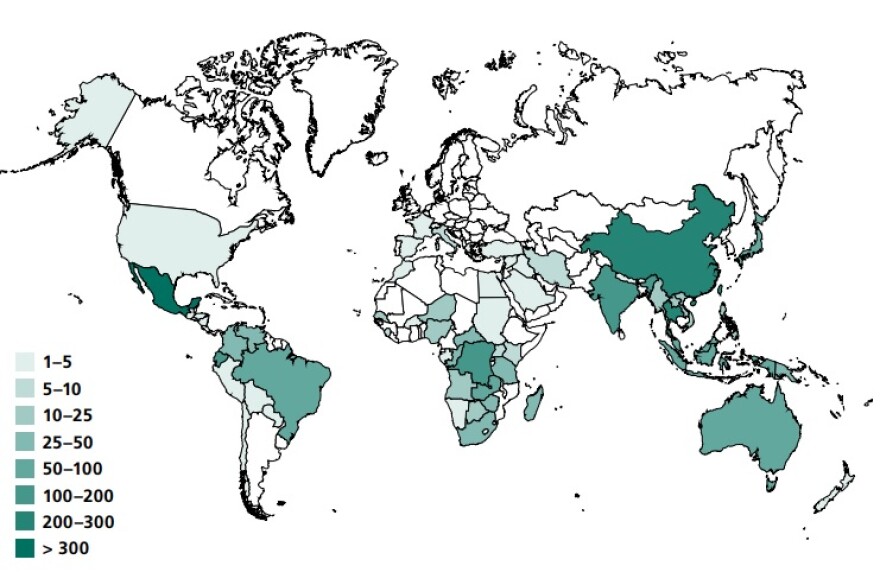 Recorded number of edible insect species by country.