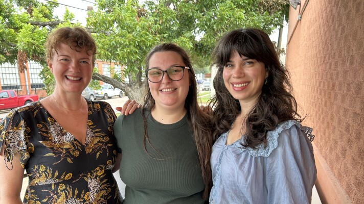 Nancy Nagrant (left) and Keaton Morris-Stan (right) pose for a photo with KWBU reporter Molly-Jo Tilton on July 16, 2026. Morris-Stan and Nagrant are in Waco scouting locations for their film, Gorgeous as you Are, which won the screenplay production grant at Waco Indie 2025.