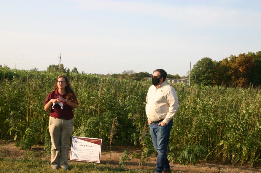 Central State University Extension (CSUE) Agriculture and Natural Resources Program Leader Dr. Cindy Folck and Ohio Department of Agriculture Hemp Program Executive Director David Miran speak in front of fiber plants at CSU's Hemp Field Day on October 6.
