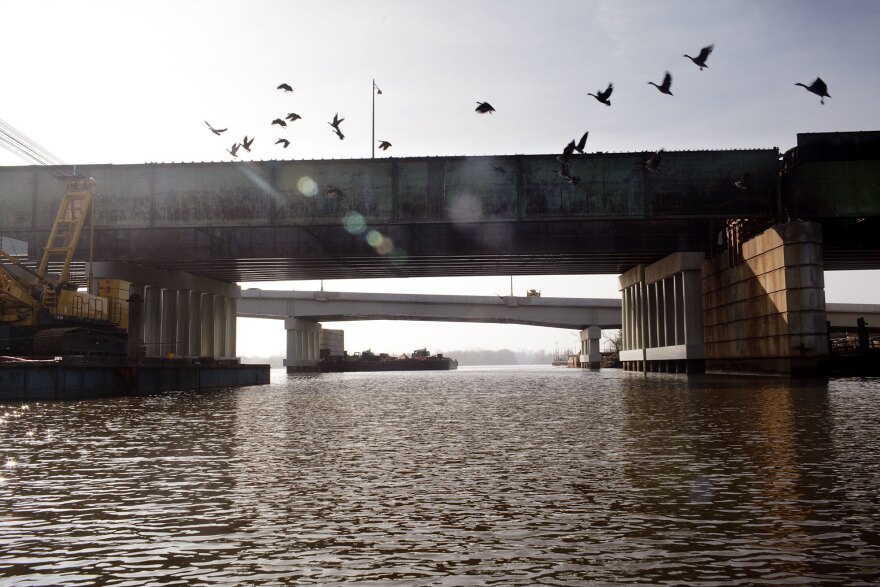 Birds flock past the 11th street bridge, which crosses the Anacostia River, connecting Capitol Hill with the historic Anacostia neighborhood. The pillars of the old 11th street bridge are the proposed site of a future elevated park that's estimated to cost 45 million dollars.<strong> </strong>