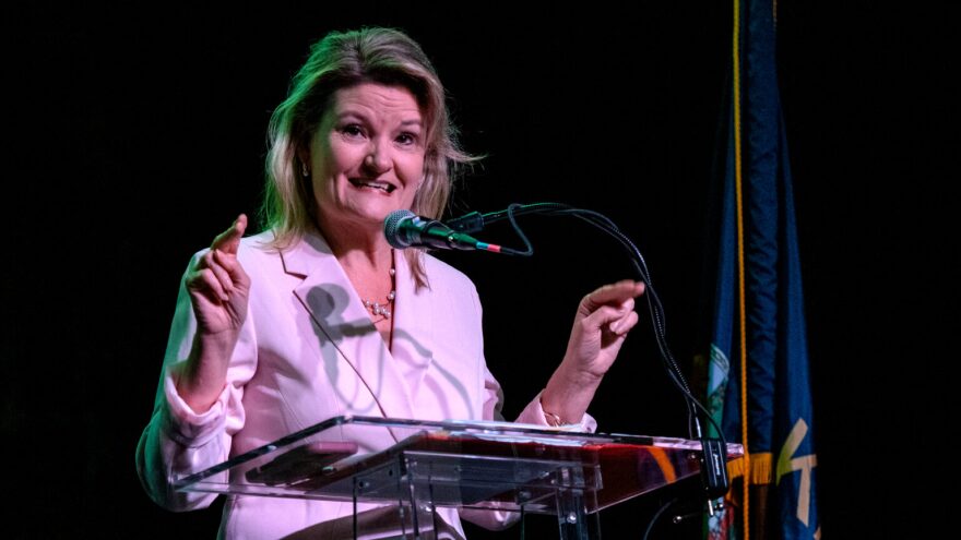 Sen. Cindy Holscher, a Democratic candidate for governor, says her lieutenant governor running mate in the 2026 campaign will be Rep. KC Ohaebosim, D-Wichita. In this April 26, 2026, image Holscher speaks during a candidate forum.