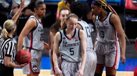 Connecticut guard Paige Bueckers (5) reacts after getting fouled during the second half of a women's Final Four NCAA college basketball tournament semifinal game against Arizona Friday, April 2, 2021, at the Alamodome in San Antonio. 