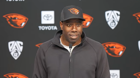 Oregon State football coach JaMarcus Shephard addresses the media on Oct. 26, 2026.