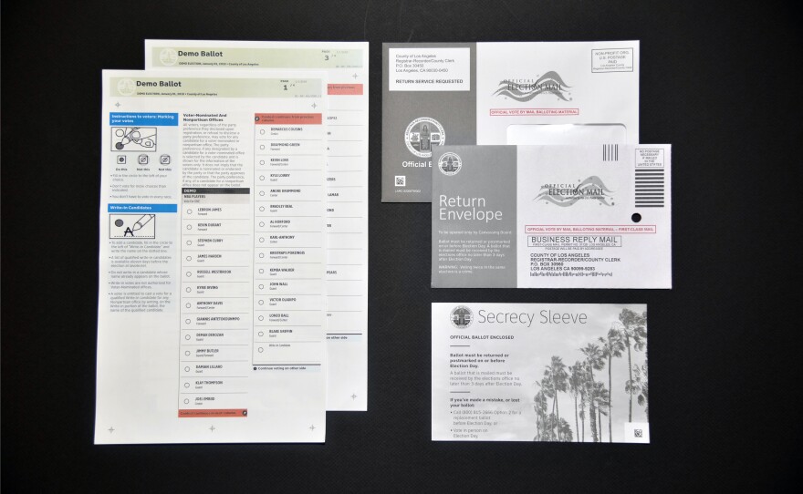 Demo 2018 voting materials from the Los Angeles County Board of Elections feature lower case letters, left-aligned text, a clean sans-serif font, simple instructions and color coding.