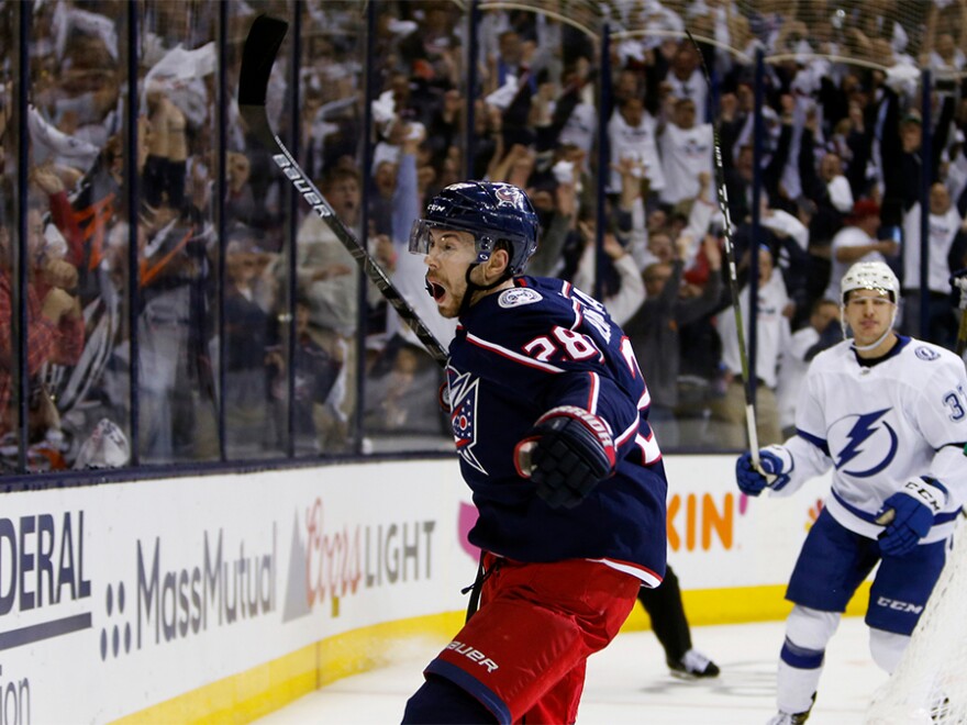 Columbus Blue Jackets' Oliver Bjorkstrand celebrates his goal against the Tampa Bay Lightning during the second period of Game 4 of an NHL hockey first-round playoff series, Tuesday, April 16, 2019, in Columbus, Ohio.