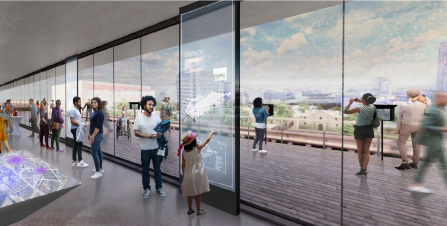An artist rendering of the rooftop gallery and event space overlooking The Alamo.