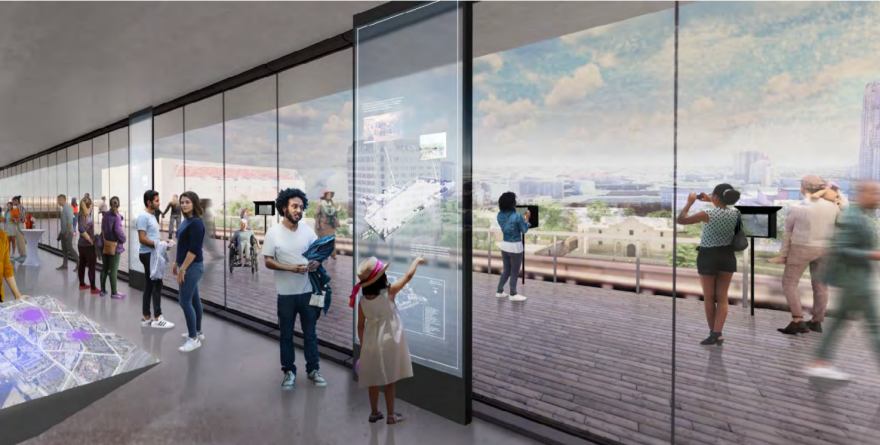  An artist rendering of the rooftop gallery and event space overlooking The Alamo.