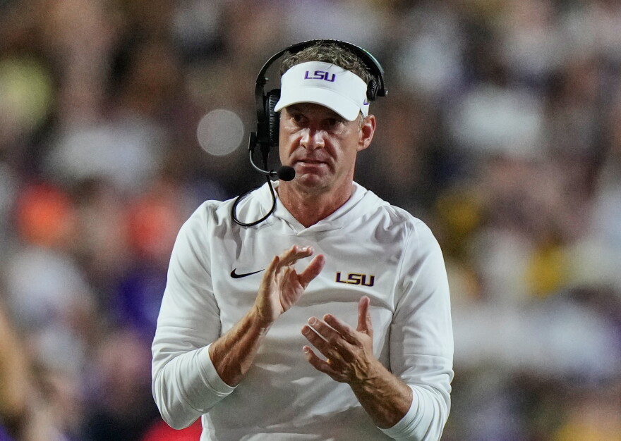 LSU head coach Lane Kiffin reacts in the first half of an NCAA college football game against Clemson, Saturday, Sept. 5, 2026 in Baton Rouge, La. (AP Photo/Gerald Herbert)