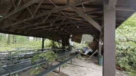 Part of the main shelter at Lake Lansing Park South collapsed after severe storms swept through Ingham County on Thursday, Sept. 3, 2026. Officials say the damaged portion will remain unusable for the rest of the season.
