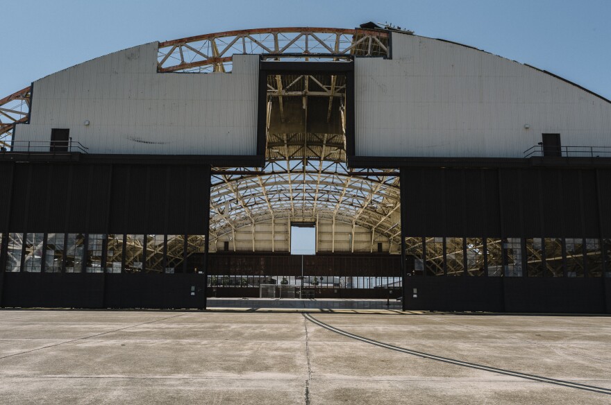 Tyndall Air Force Base's Hangar 5 lost most of its roof after the eye of the hurricane passed over the base last fall. The base is using temporary inflatable hangars to continue operations.
