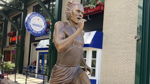 The statue of Steve Prefontaine from sculptor Mike Leckie. It will be on display at the 5th Street Market.