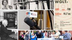 A collage of archival photos and modern photos of WGLT.