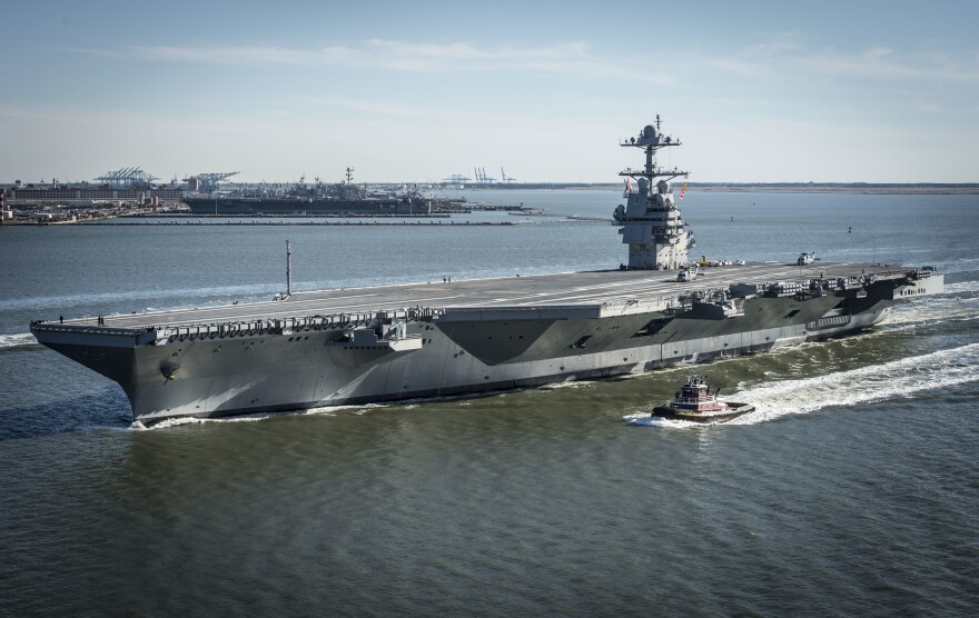 In this photo provided by the U.S. Navy, the USS Gerald R. Ford embarked on the first of its sea trials to test various state-of-the-art systems on its own power for the first time Saturday, April 8, 2017, from Newport News, Va. The first of the Navy's new class of aircraft carriers will spend several days conducting builder's sea trials, a comprehensive test of many of the ship's key systems and technologies. (Mass Communication Specialist 2nd Class Ridge Leoni/U.S. Navy via AP)