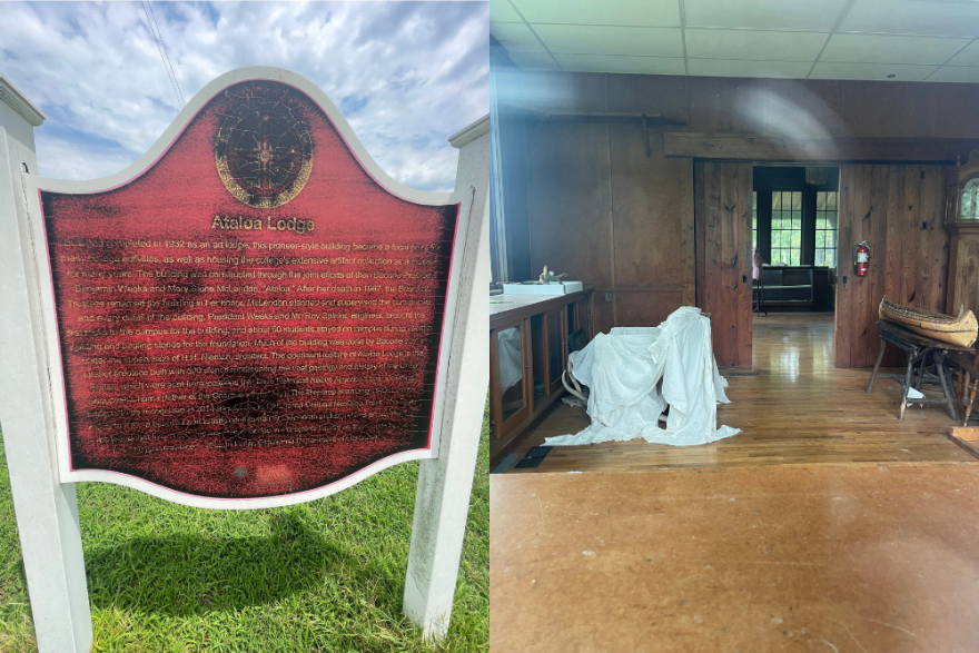 A decaying museum sign for the Ataloa Lodge on the left and a window view of the burglarized museum on the right