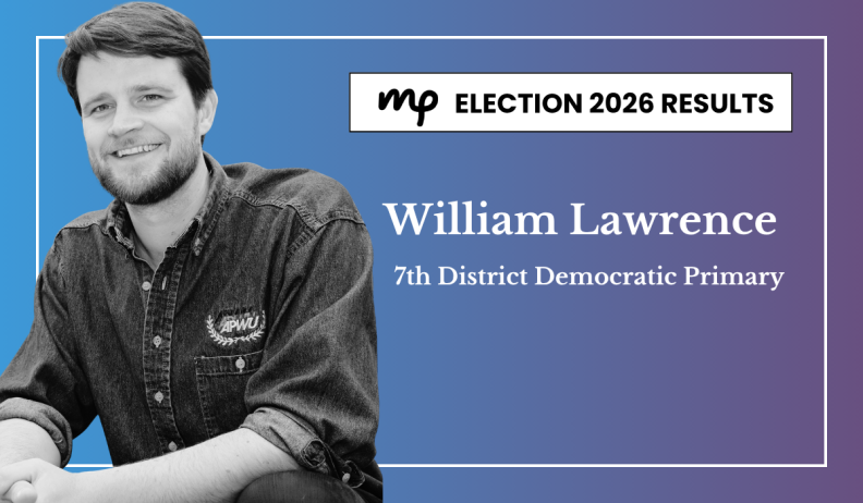 A monochromatic photo of William Lawrence is in front of a blue to purple gradient background. To the right is the Michigan Public Election 2026 Results logo. Underneath are the words "William Lawrence" and "7th District Democratic Primary."