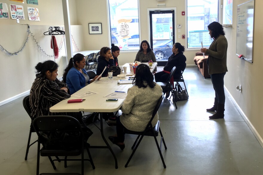 Barbara Lopez, Executive Director of Make the Road CT, facilitates a parent meeting in the original Bridgeport Office on State St. March 11th 2016.