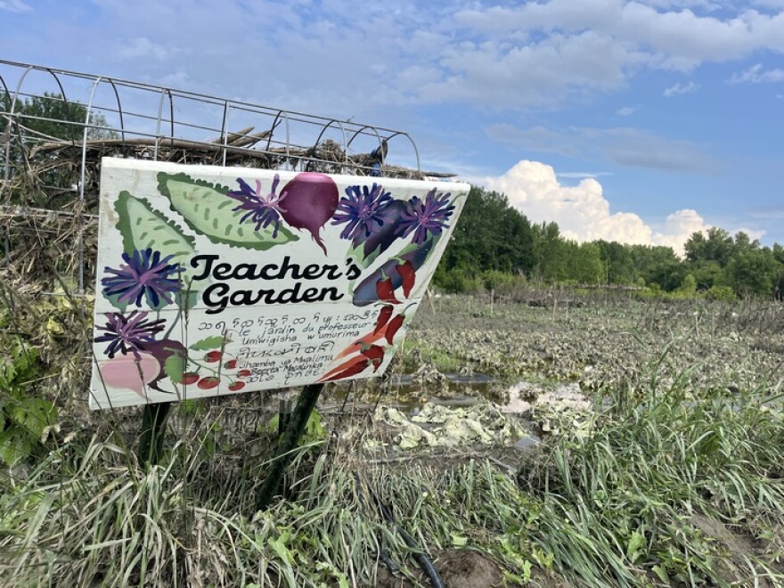 A colorful sign reading "Teachers Garden" is standing slanted in a flooded field