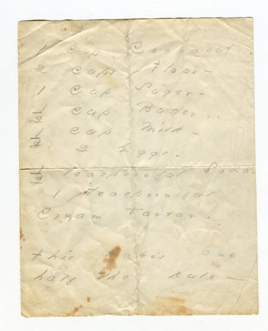 <p>The Poets House in New York City is exhibiting this manuscript of an Emily Dickinson cake recipe that calls for coconut.</p>