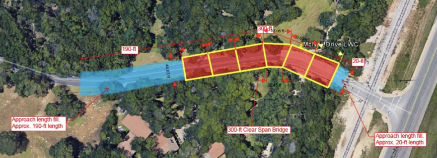 A map showing where bridge would go on McNeil Drive, indicated in red.