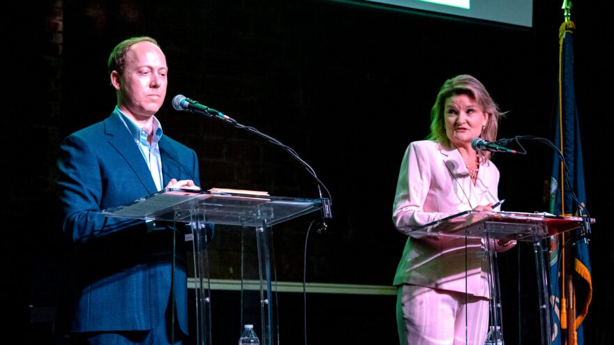 State Sens. Ethan Corson and Cindy Holscher, pictured together in April, joined Overland Park Mayor Curt Skoog in a debate Friday on Fox 4 television featuring questions about Democratic Gov. Laura Kelly's influence in the primary gubernatorial campaigns of Corson, Holscher and Skoog. Kelly endorsed Corson. The primary election is Tuesday.