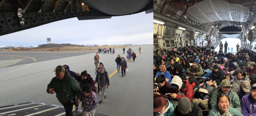 Darrell John and his 5-year-old daughter, Emi, board a C-17 military transport plane in Bethel (left), operated by the Alaska Air National Guard, on a flight from Bethel to Anchorage on Oct. 16, 2025. In the second photo, the John family sits on the floor with the rest of their village. Despite the uncertainty, they pose for picture.