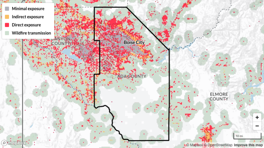 A map showing the relative exposure of structures to wildfire in Idaho's Ada County