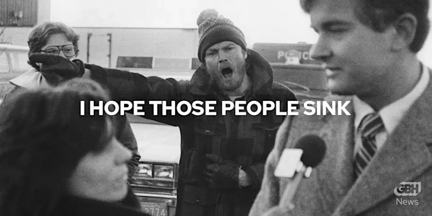 Poster for “Catching the Codfather” with a black and white image of a man yelling behind a reporter interviewing someone.