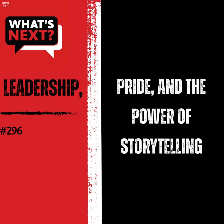 Background from left to right: red, then a vertical, thick white stripe in the middle, then black. from left to right: WN logo in the top corner, "LEADERSHIP, #296" in black text over the red and "PRIDE, AND THE POWER OF STORYTELLING" in white text over the black