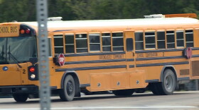 A Greencastle Community School Corporation bus heading to the district's high school where fifth graders are being housed while Tzouanakis remains closed. (Brock Turner, WTIU/WFIU News)