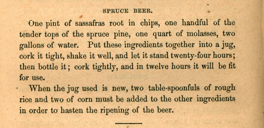 'Spruce Beer' recipe from Sarah Rutledge's 1851 cookbook 'The Carolina Housewife.'