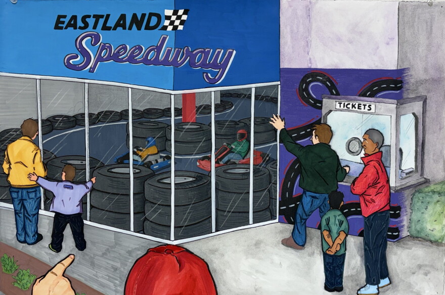 a hand drawn picture of kids and parents lining up to buy go kart tickets at the Eastland Speedway