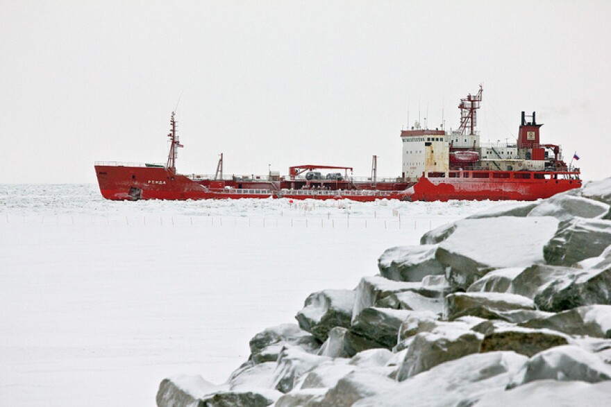 Photo by David Dodman: The Russian tanker Renda - its railings and hull encrusted with snow and ice - seen from the Nome causeway Sunday afternoon.