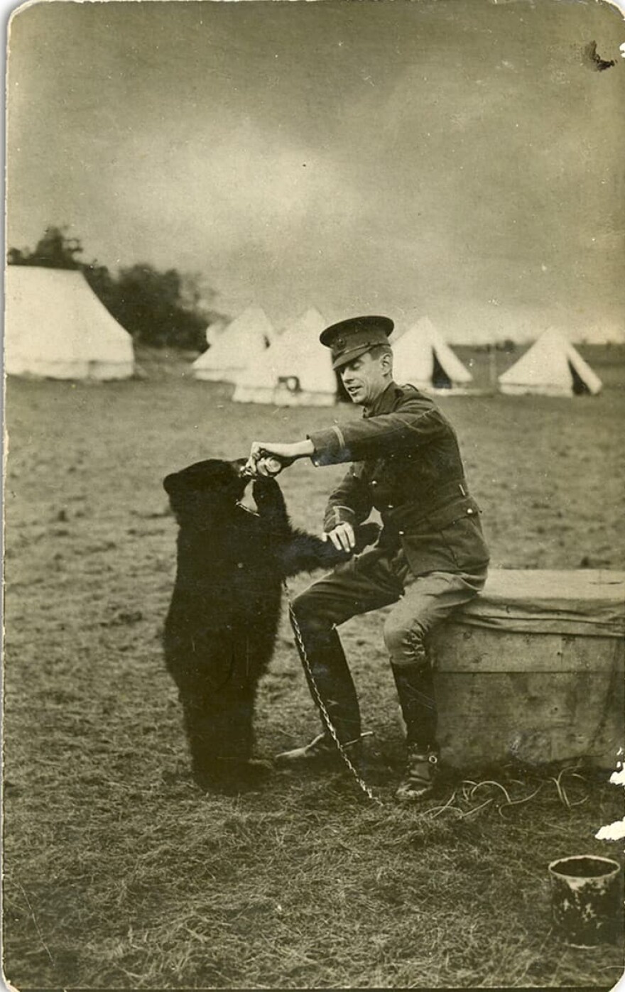 Harry Coleborne with Winnie at the military base in Valcartier, Quebec, in 1914. (Courtesy)
