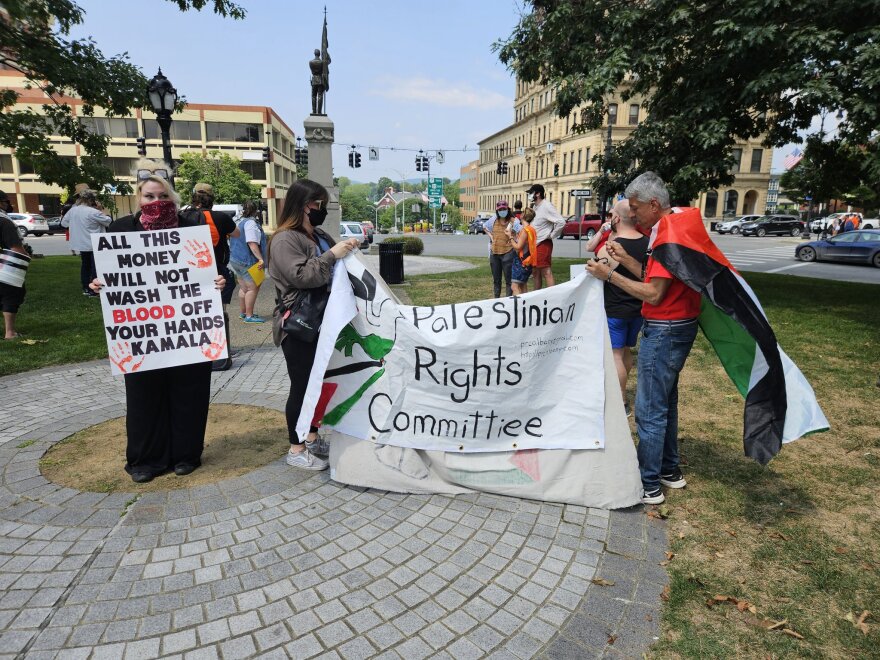 Protestors demonstrating near Democratic Vice President Kamala Harris's presidential campaign fundraiser in downtown Pittsfield, Massachusetts, on July 27th, 2024.
