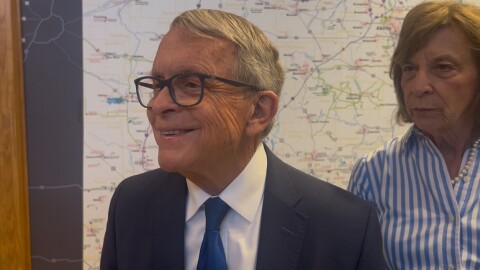 Ohio Governor Mike DeWine spoke to reporters after unveiling a new rest area along Rt. 33 in Union County on July 18, 2025
