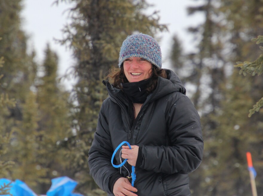 Michelle Phillips takes her 24 at the Cripple checkpoint on Thursday, March 12, 2020. Cripple is about 425 miles into the 1,000-mile Iditarod Trail Sled Dog Race. (Zachariah Hughes/Alaska Public Media)