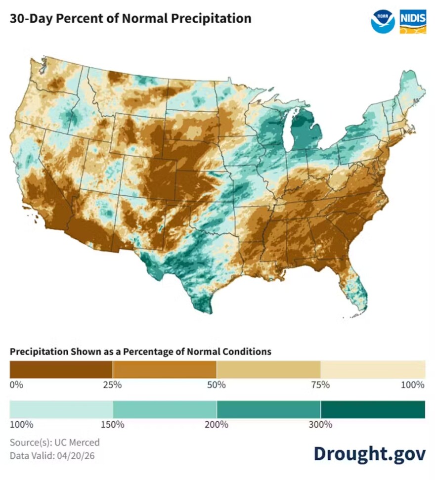 A map showings how far above or below average precipitation has been in each region of the United States