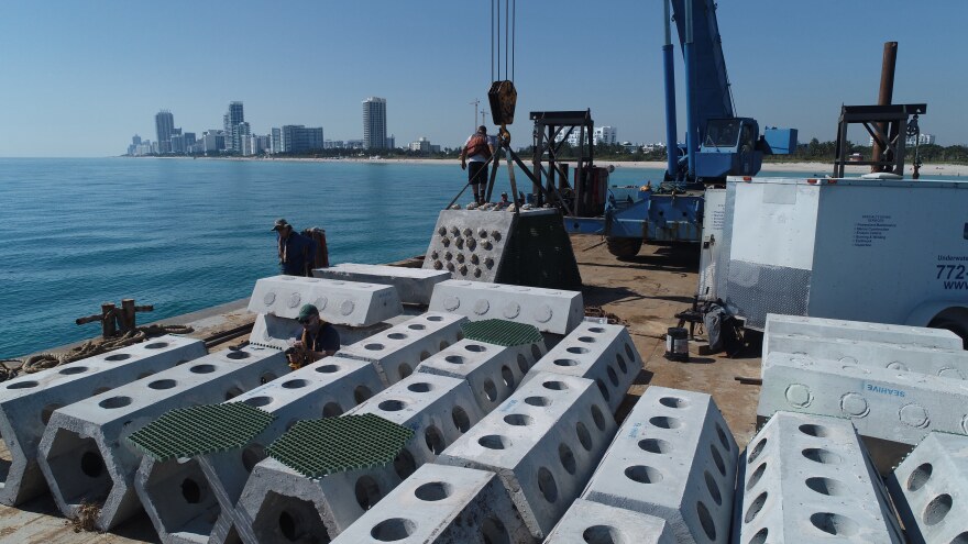 Honey-combed shaped concrete structures will make up the foundation of two hybrid reefs being installed just off Miami Beach by researchers at the University of Miami Rosenstiel School. 