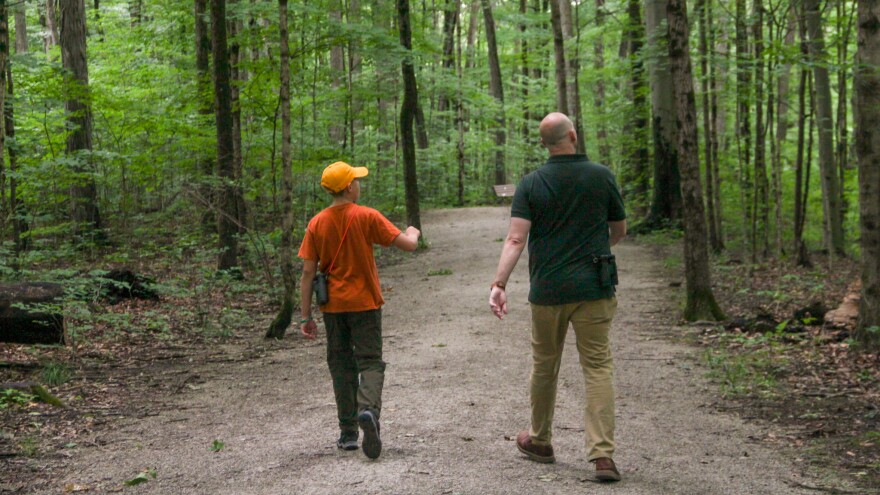 A boy and a man walk through the woods, seen from behind. The boy points to something in the distance. 