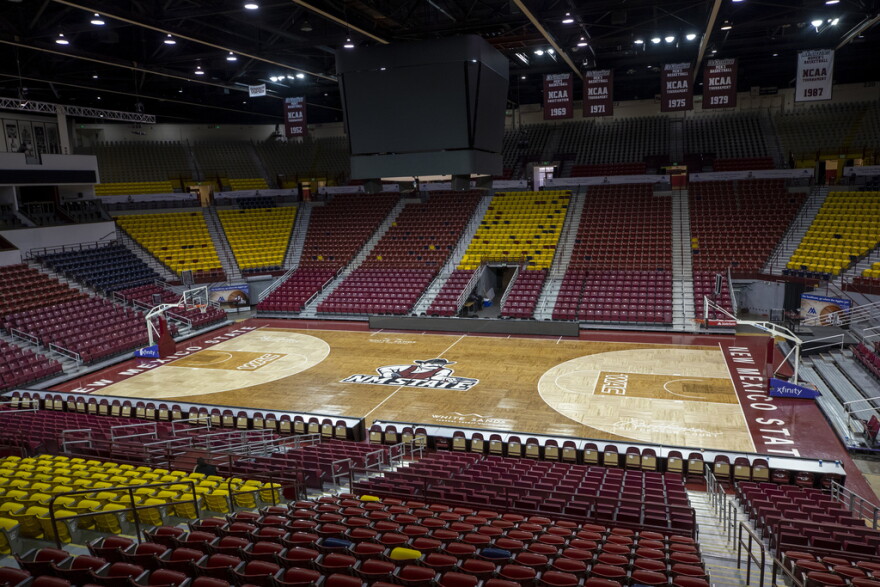 FILE - The basketball court of the Pan American Center at New Mexico State University is pictured, Feb. 15, 2023, in Las Cruces, N.M. (AP Photo/Andrés Leighton, File)