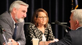 Gov. Eric Holcomb, left, and Chief Justice Loretta Rush, right, both noted the significantly high turnover in the state's judiciary during Holcomb's two terms.