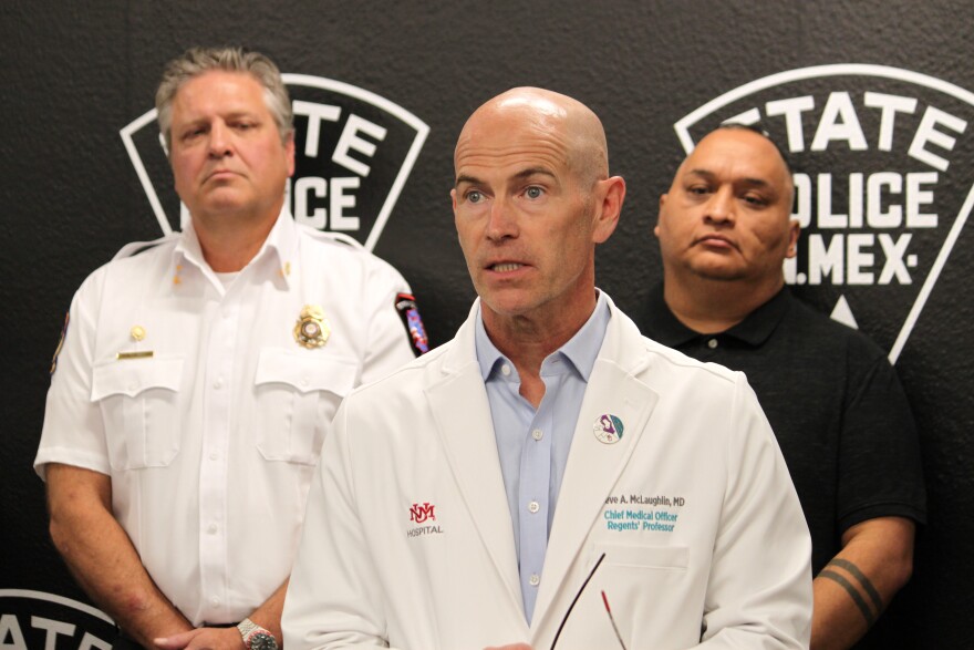 University of New Mexico Hospital Chief Medical Officer Steve McLaughlin discusses fentanyl exposure during a news conference in Albuquerque, New Mexico, on Friday, May 22, 2026. (AP Photo/Susan Montoya Bryan)